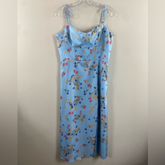 Cider‎ Spaghetti Strap Blue Floral Pattern High Slit Midi Dress Sz XL - Picture 2 of 13